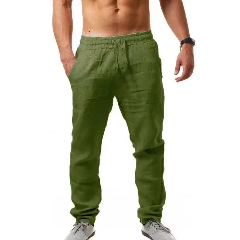 Sports Pants New Spring/Summer Fashion Brand Men'S Hip-Hop Breathable Cotton Linen Solid Color Simple Drawstring Wide Leg Pants