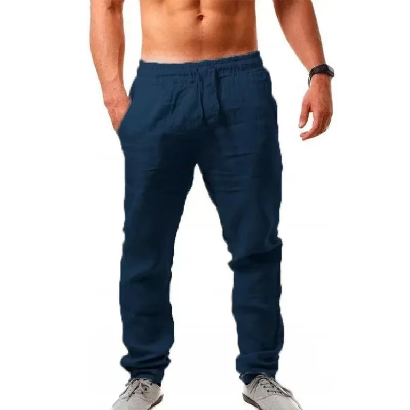 Sports Pants New Spring/Summer Fashion Brand Men'S Hip-Hop Breathable Cotton Linen Solid Color Simple Drawstring Wide Leg Pants