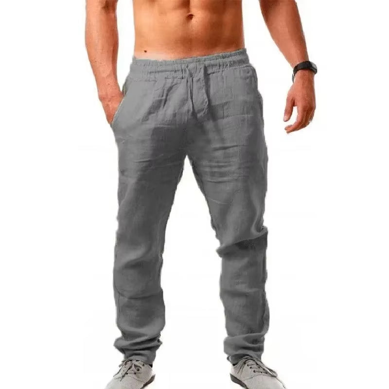 Sports Pants New Spring/Summer Fashion Brand Men'S Hip-Hop Breathable Cotton Linen Solid Color Simple Drawstring Wide Leg Pants
