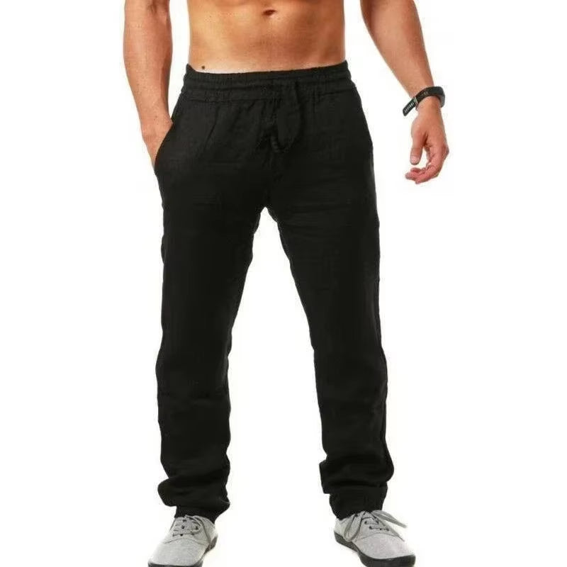 Sports Pants New Spring/Summer Fashion Brand Men'S Hip-Hop Breathable Cotton Linen Solid Color Simple Drawstring Wide Leg Pants