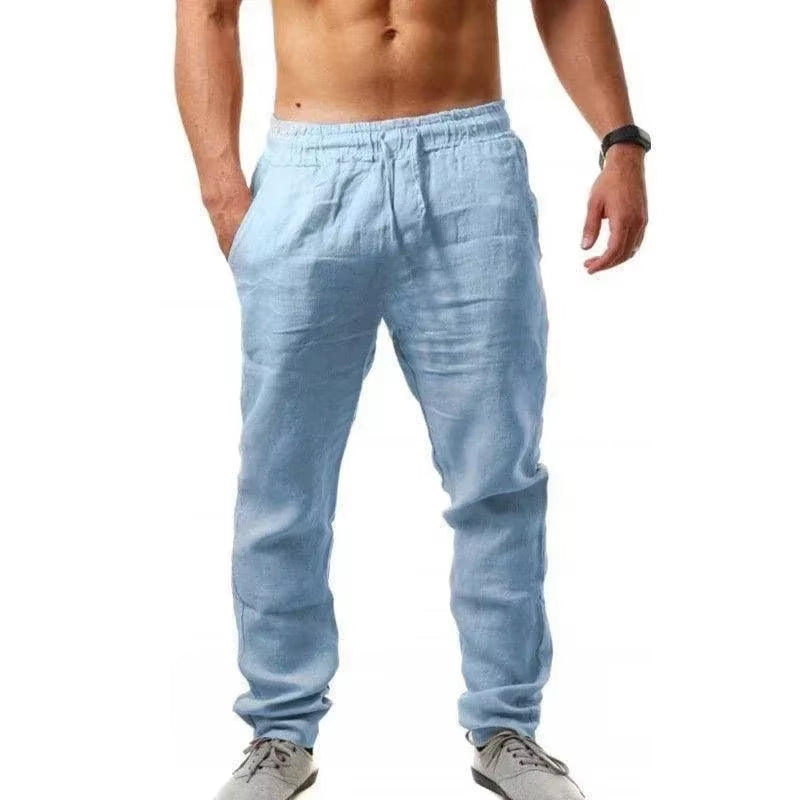 Sports Pants New Spring/Summer Fashion Brand Men'S Hip-Hop Breathable Cotton Linen Solid Color Simple Drawstring Wide Leg Pants