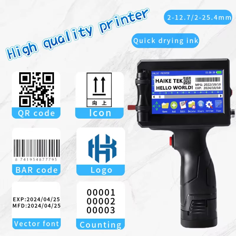 12.7MM Portable Handheld Inkjet Printer Production Date Barcode Label Coding Machine Batch Number QR Permanent Quick Drying
