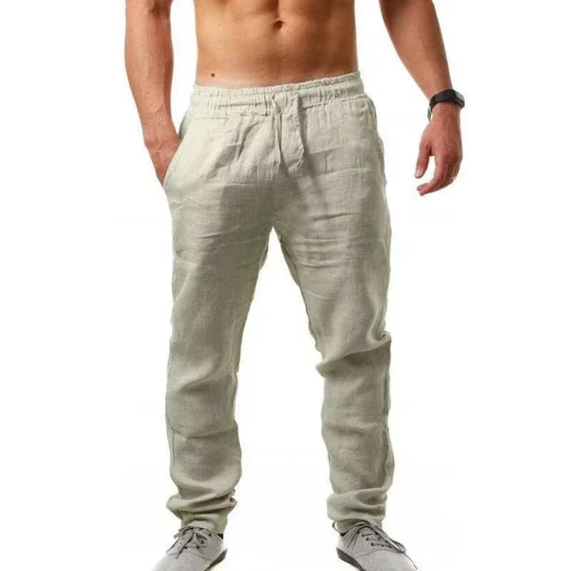 Sports Pants New Spring/Summer Fashion Brand Men'S Hip-Hop Breathable Cotton Linen Solid Color Simple Drawstring Wide Leg Pants