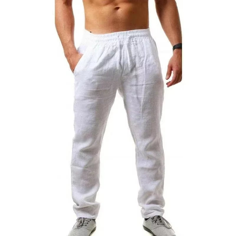 Sports Pants New Spring/Summer Fashion Brand Men'S Hip-Hop Breathable Cotton Linen Solid Color Simple Drawstring Wide Leg Pants